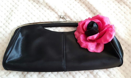 Sac pochette noir fleurs rose - pochette,